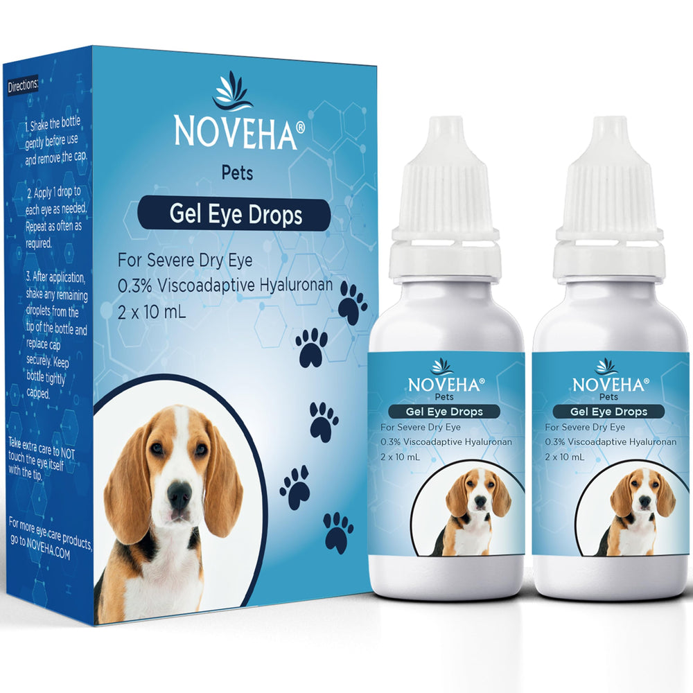 NOVEHA Pet Gel Eye Drops bottle front for at-home relief from dryness.