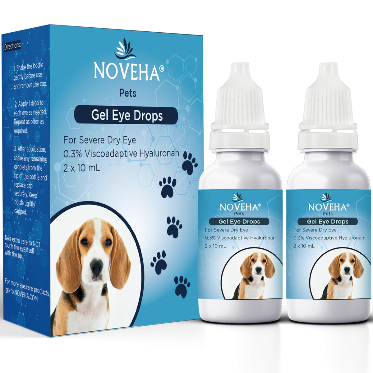 NOVEHA Pet Gel Eye Drops bottle front for at-home relief from dryness.