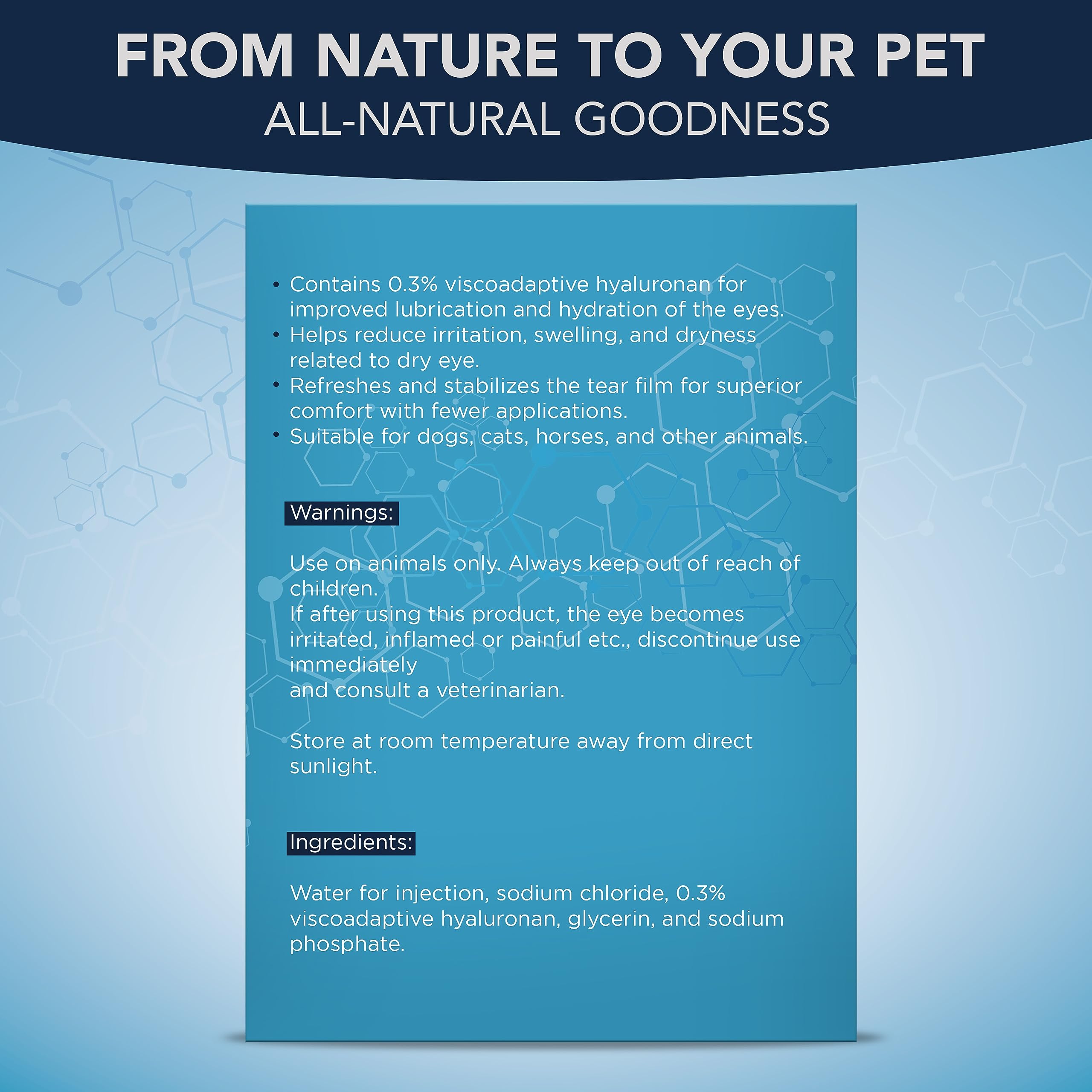 NOVEHA Pet Gel Eye Drops closeup illustrating tear film stabilization.