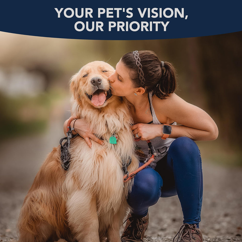 NOVEHA Pet Gel Eye Drops lifestyle scene with a relaxed pet and owner.