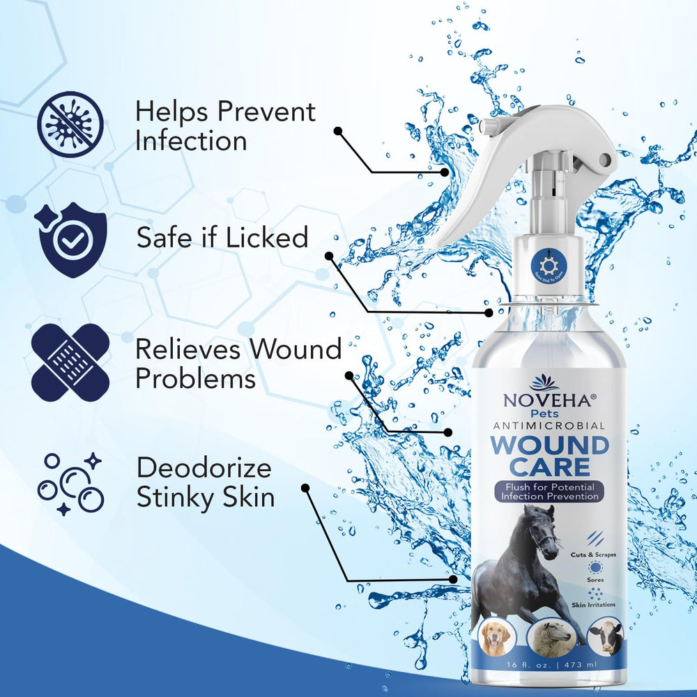 NOVEHA Pet Wound Spray applying on a horse wound for quick care.