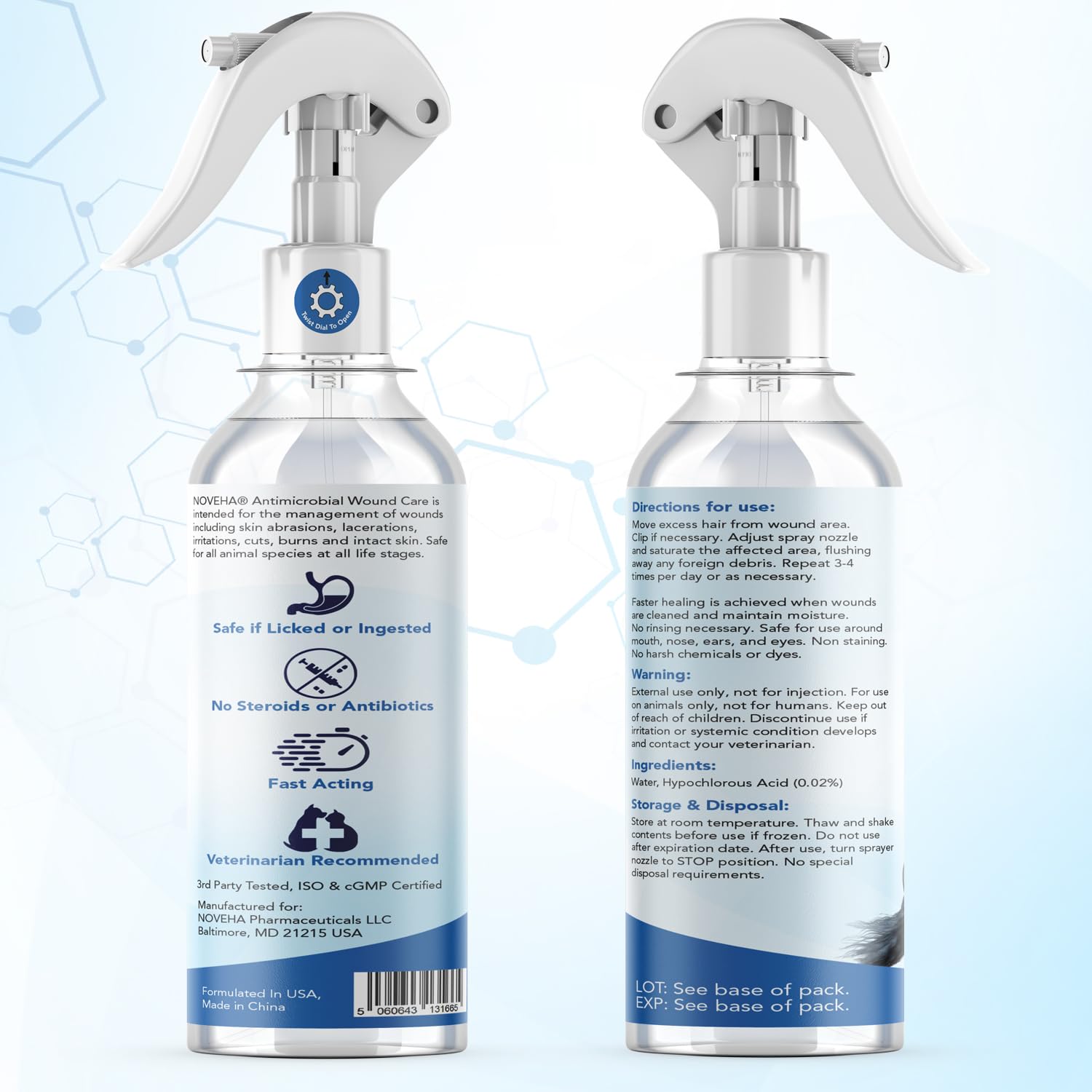NOVEHA Pet Wound Spray packaging and 6 oz size on shelf.