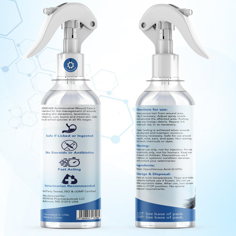 NOVEHA Pet Wound Spray packaging and 6 oz size on shelf.