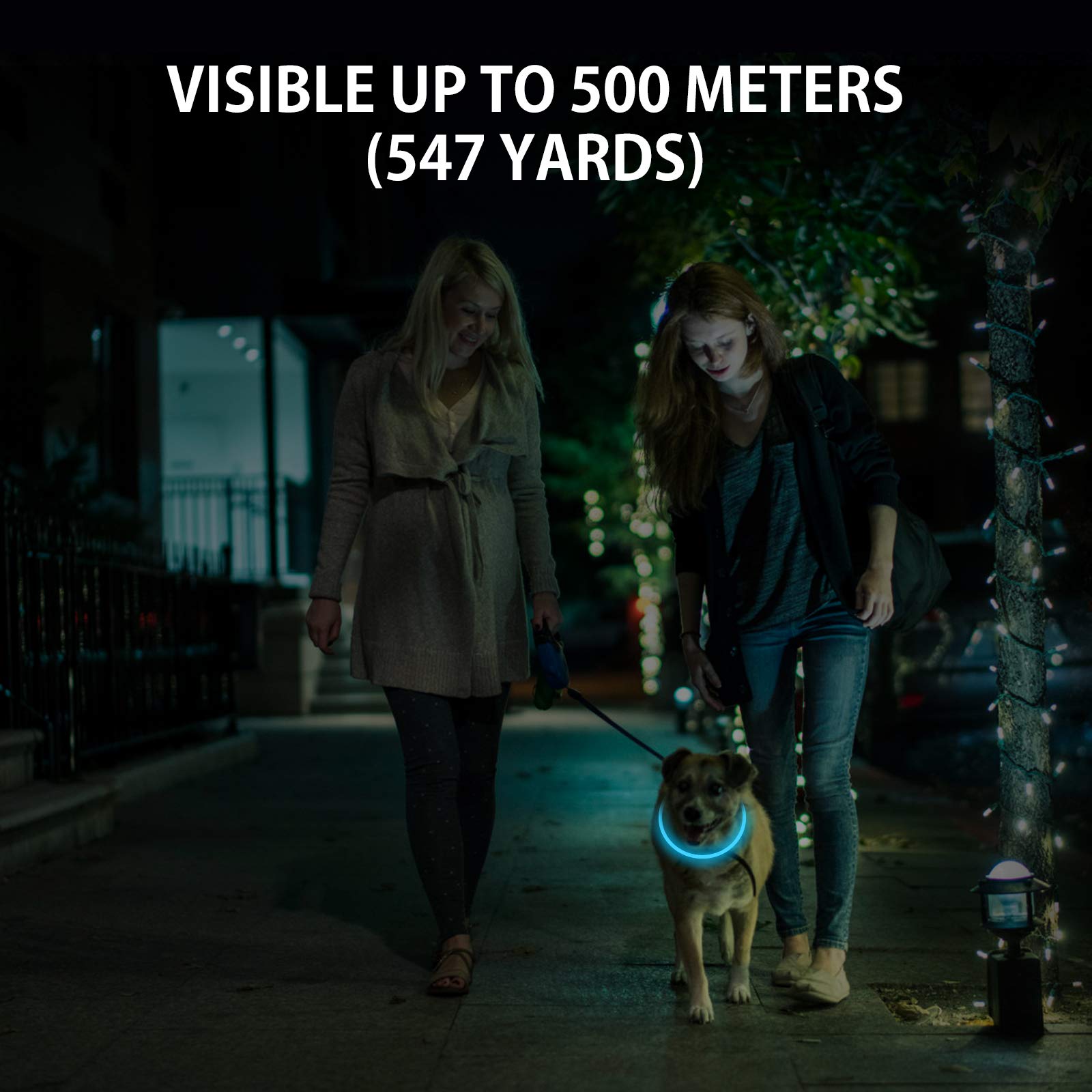 Novkin rechargeable LED dog collar shows USB charging for long outings.