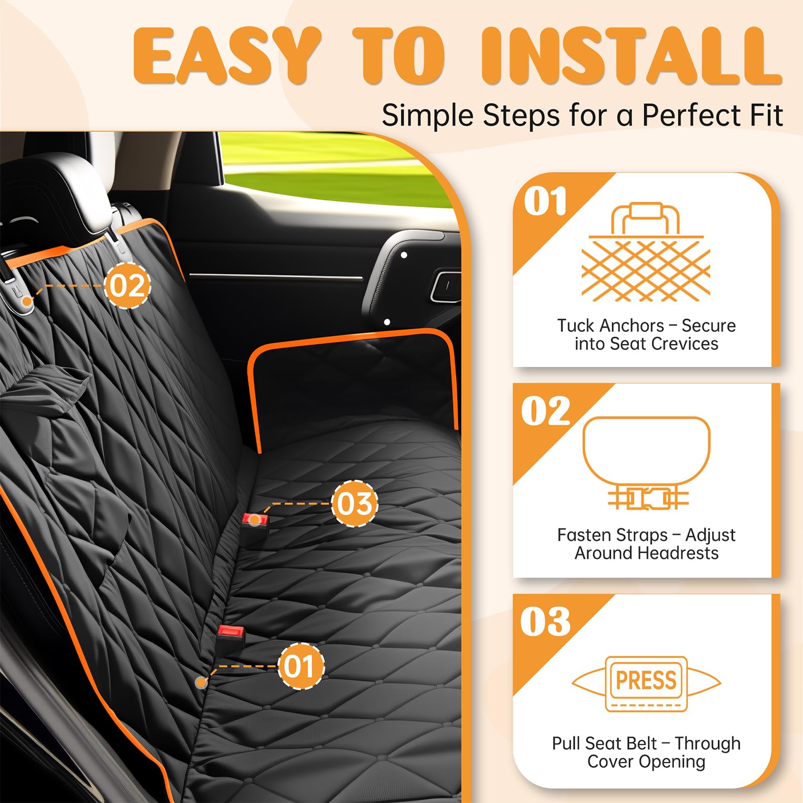 Novotopia dog seat cover black orange design adds modern style.