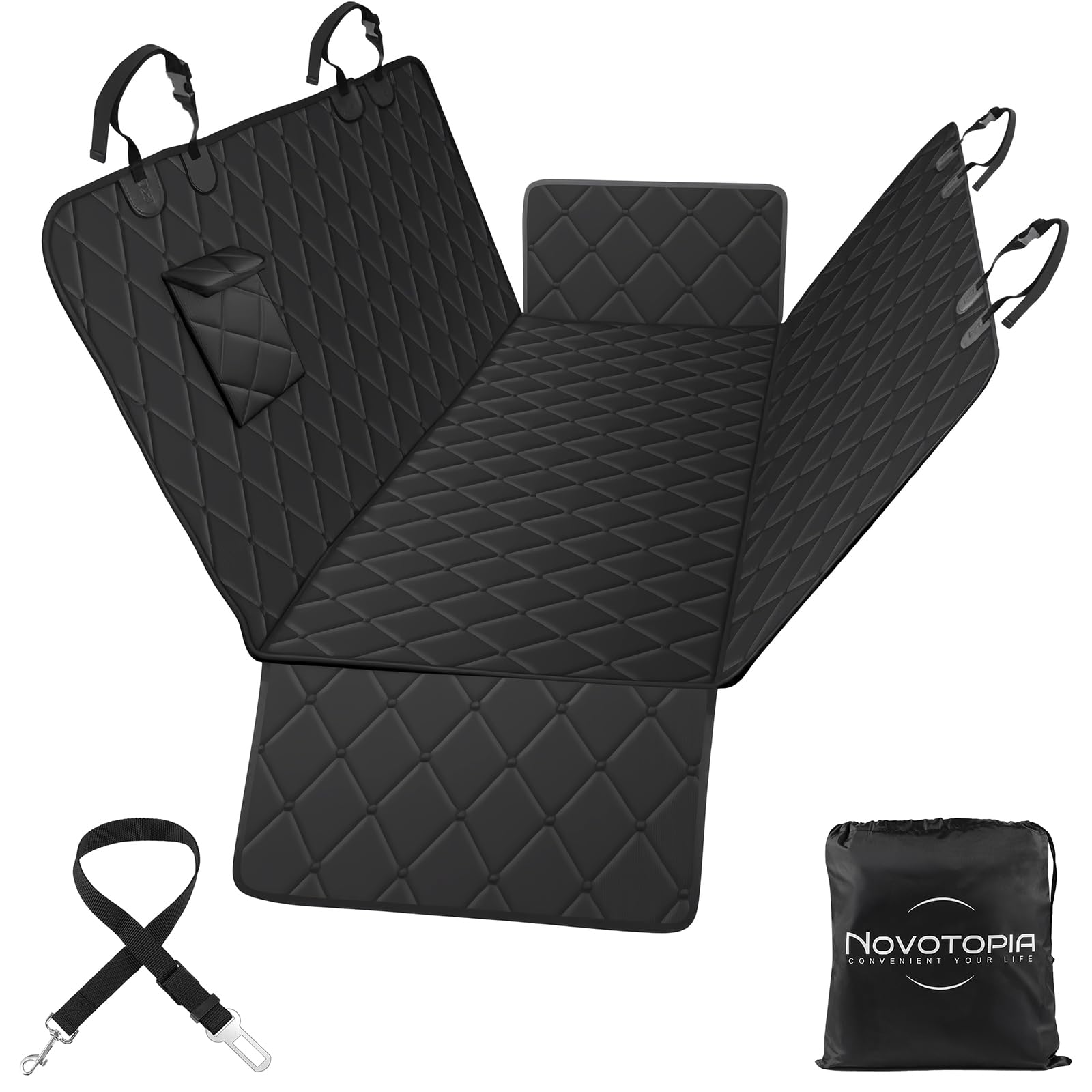 Novotopia dog seat cover with waterproof backseat protection for spills and mud.