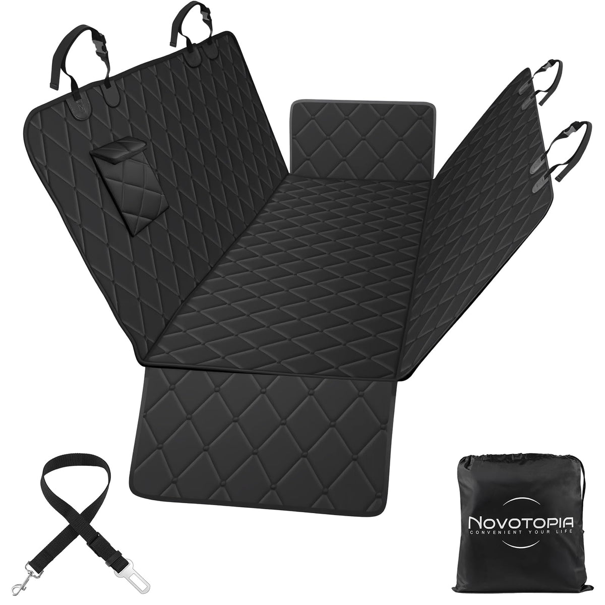 Novotopia dog seat cover with waterproof backseat protection for spills and mud.