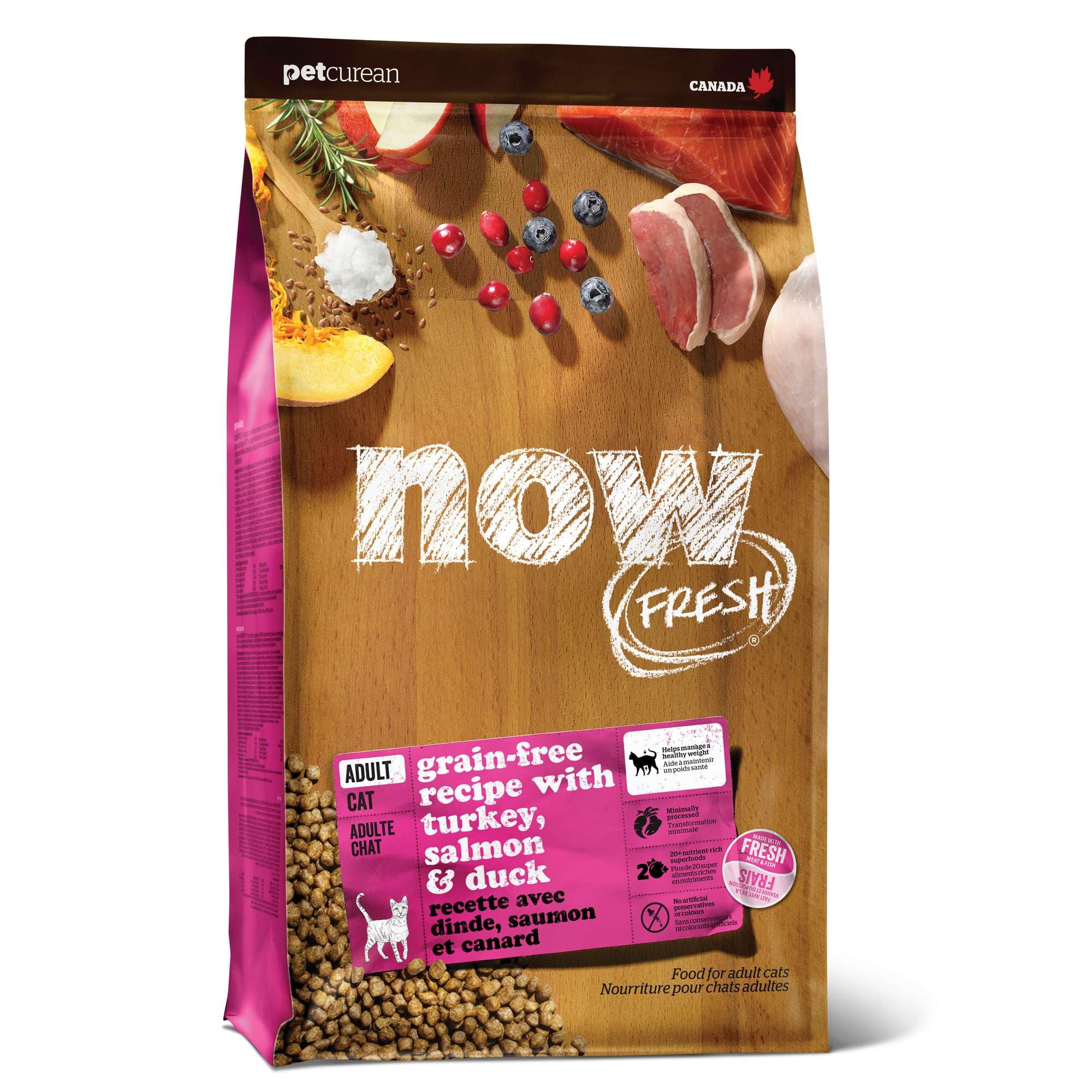 Now Fresh adult cat food with turkey, salmon, and duck in a bag for picky eaters.