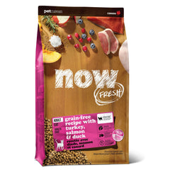 Now Fresh adult dry cat food bag showing turkey, salmon and duck for balanced muscle support.