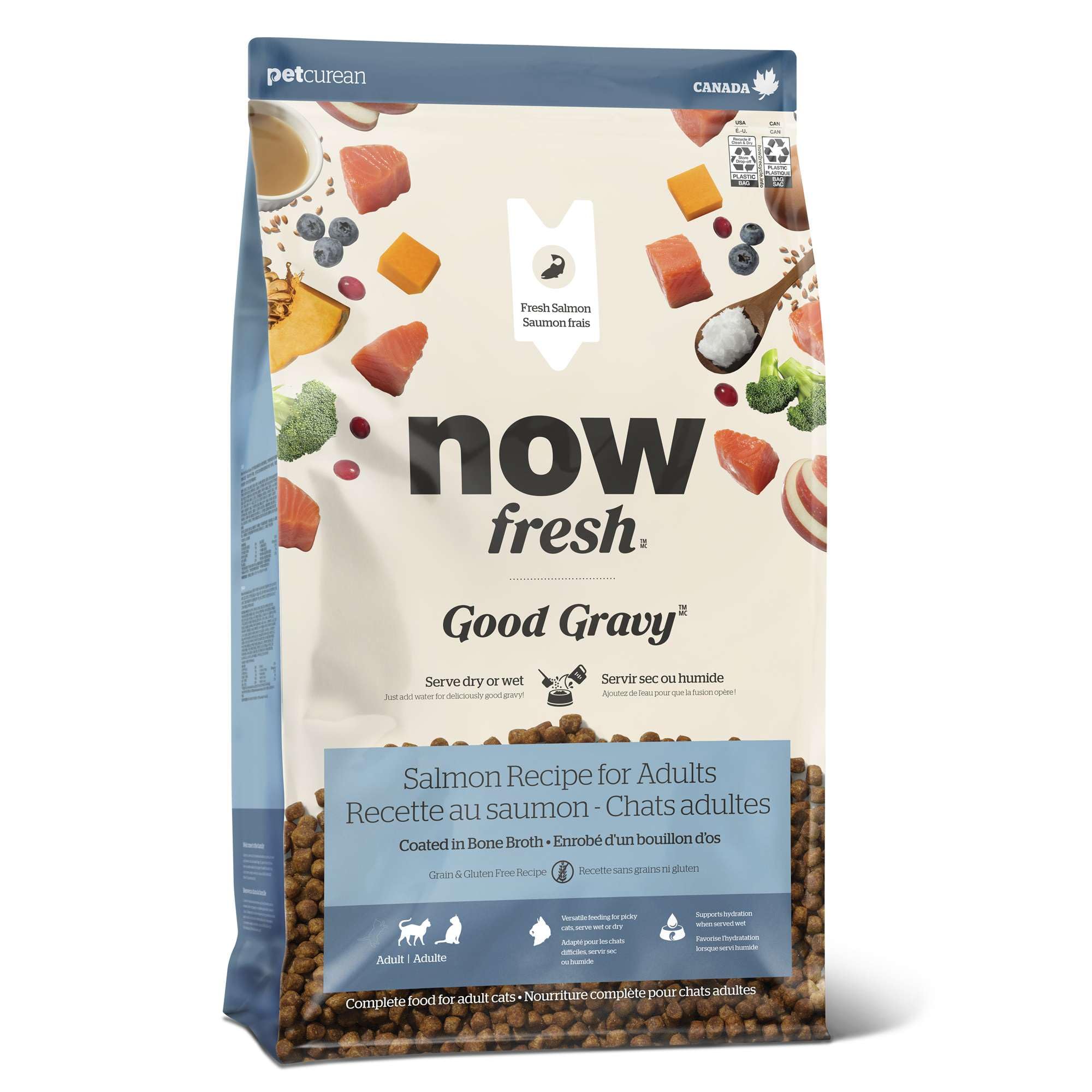 Now Fresh Good Gravy salmon kibble in a bowl, omega-3 rich.