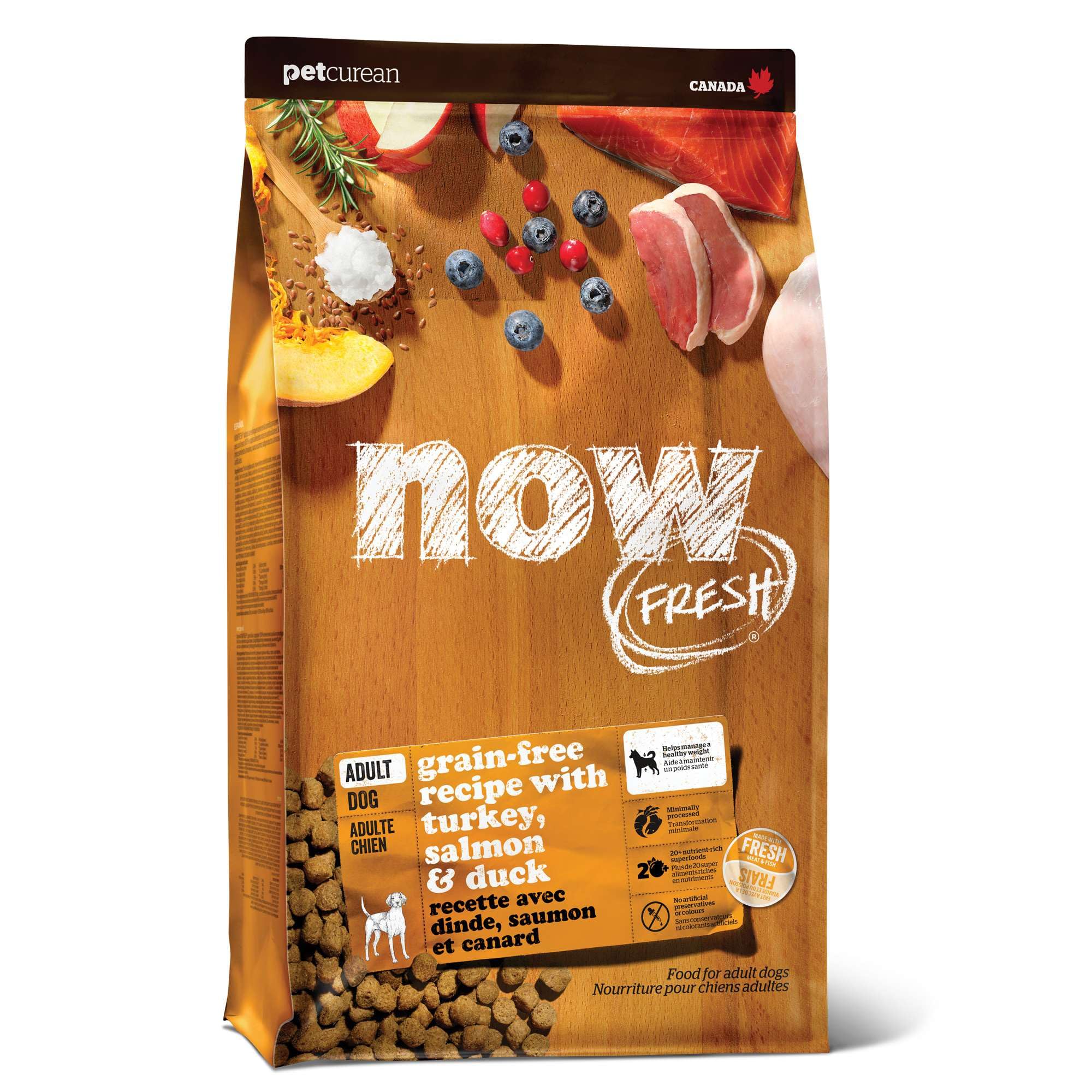 Now Fresh grain-free dry dog food with turkey highlights first ingredient, supporting lean muscle.