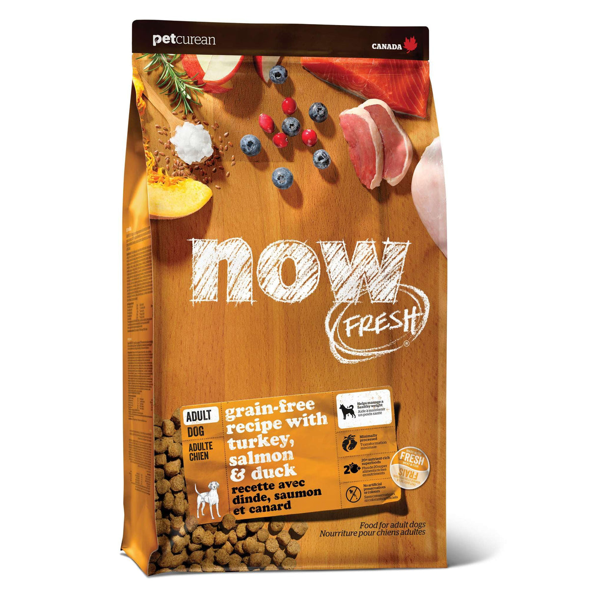 Now Fresh grain-free dry dog food with turkey highlights first ingredient, supporting lean muscle.