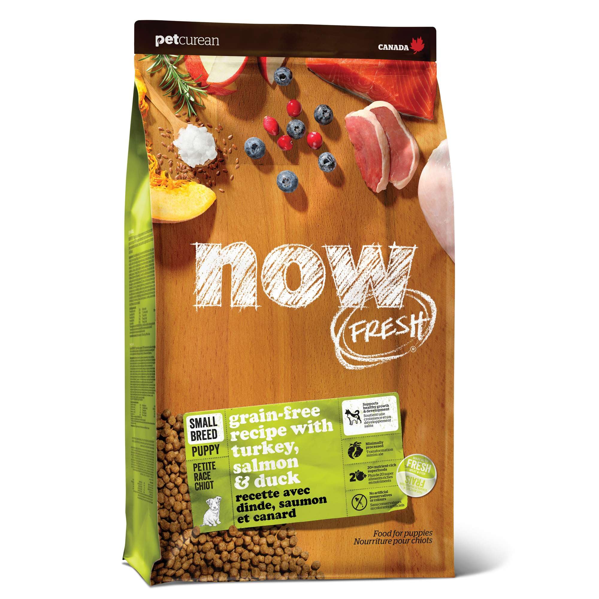 Now Fresh grain-free small-breed puppy food bag showcases premium packaging for easy shopping.