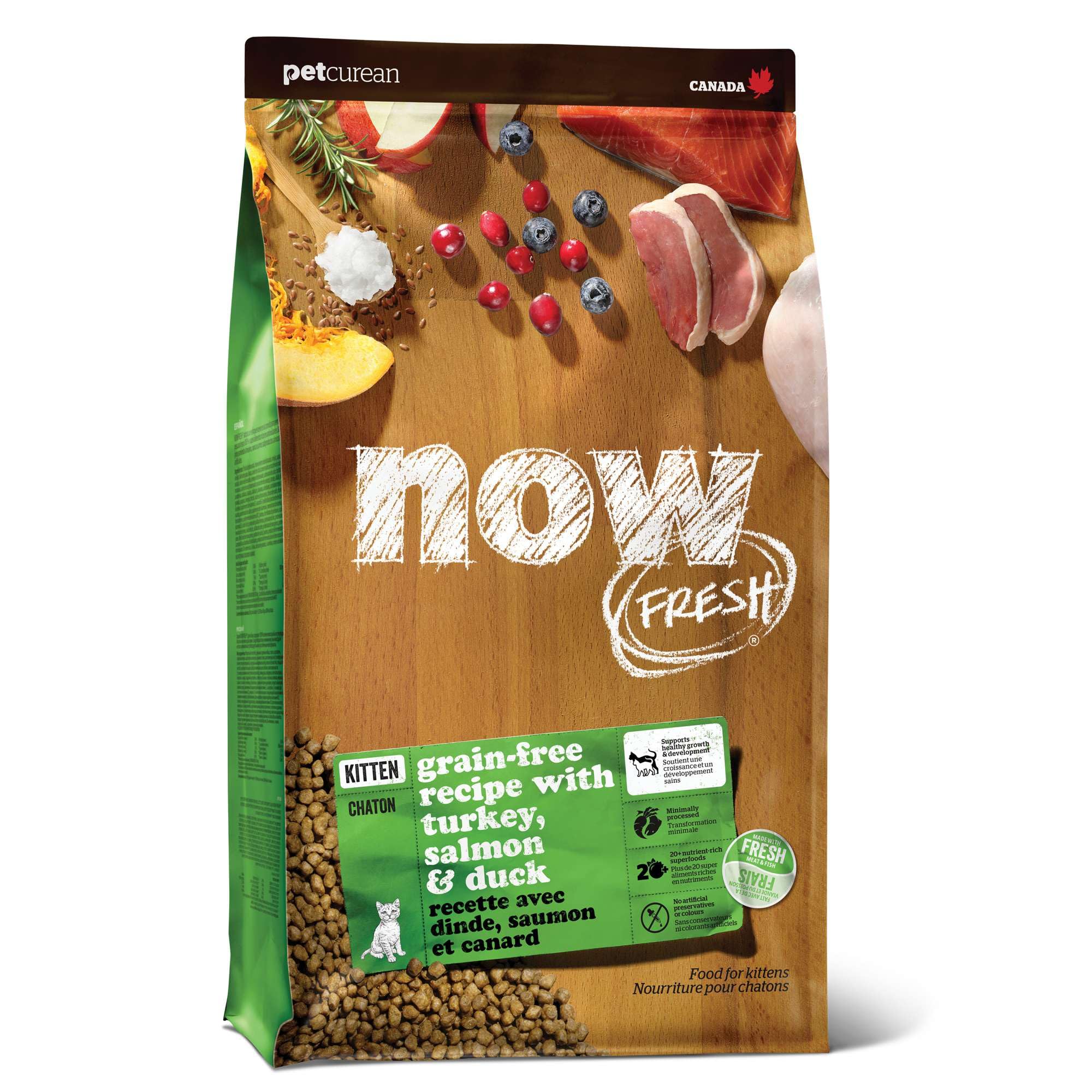 Now Fresh kitten dry food turkey-salmon-duck bag shows premium multi-protein kibble for growth.