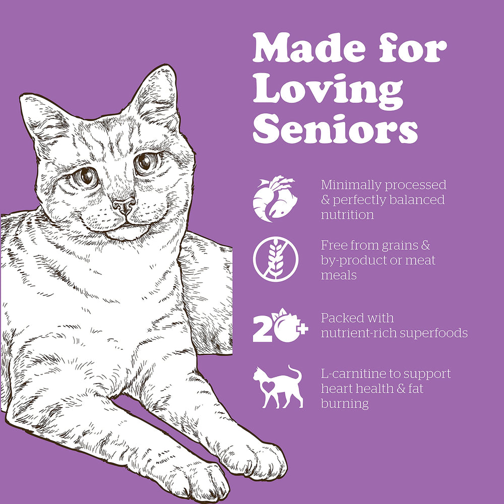 Now Fresh grain-free senior formula aids weight management and energy for indoor cats.