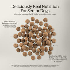 Now Fresh Senior ingredients image shows turkey, salmon, and duck protein blend