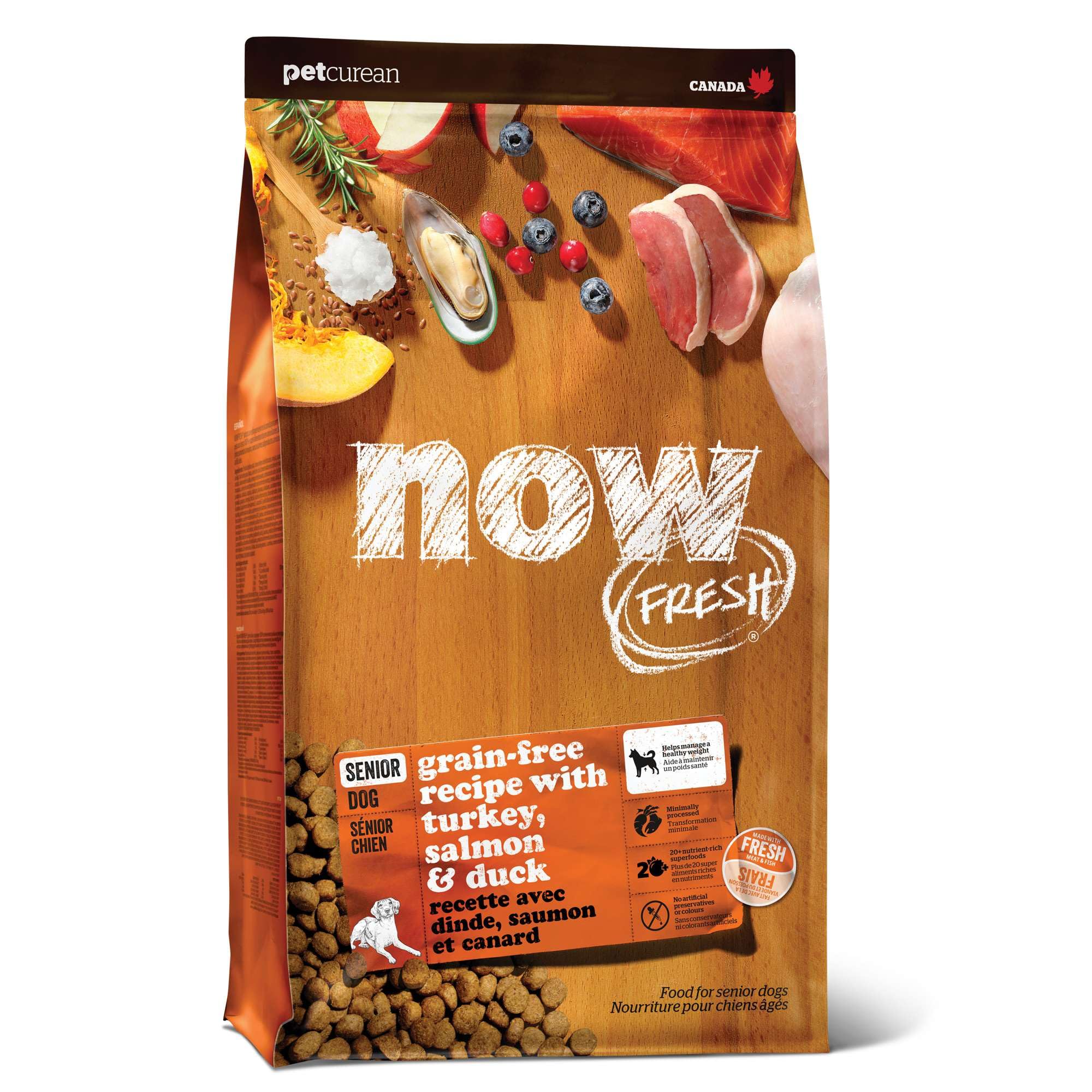 Now Fresh Senior dog food bag shows turkey-salmon-duck formula for aging dogs