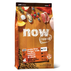 Now Fresh Senior dog food bag shows turkey-salmon-duck formula for aging dogs