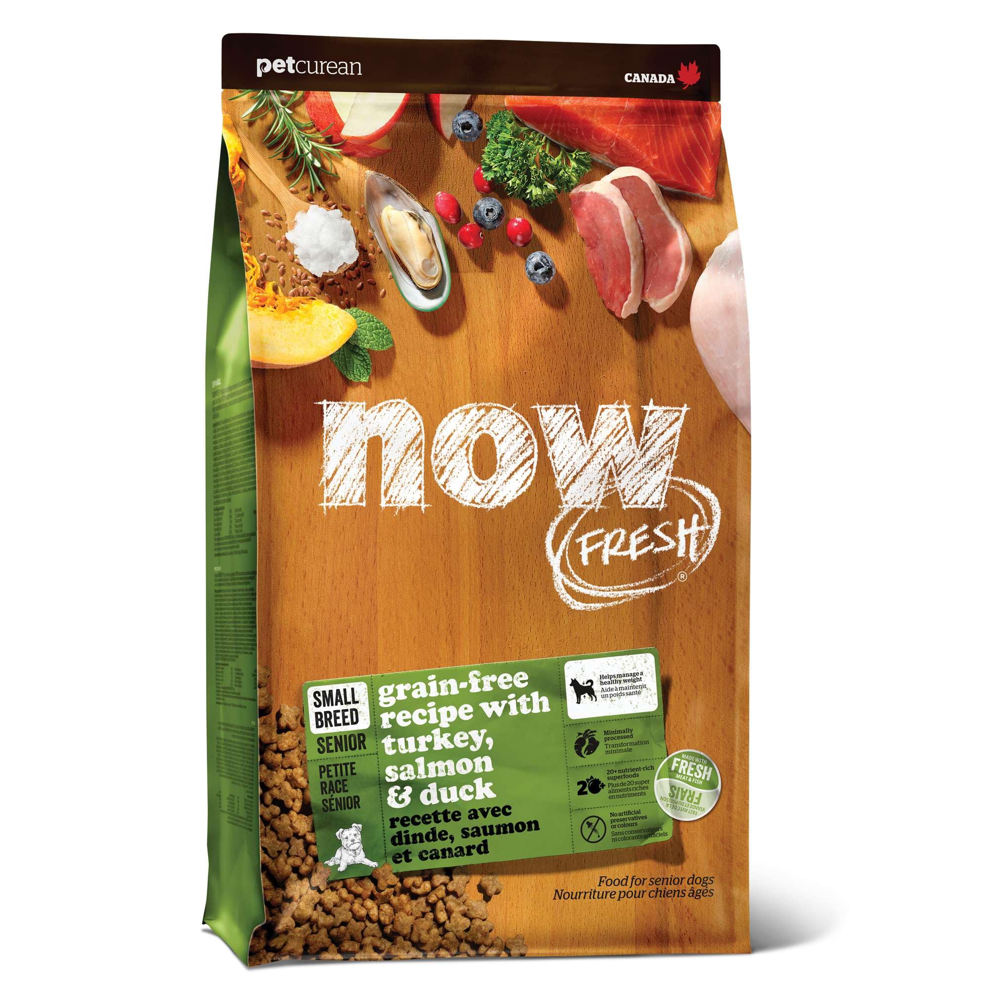 Now Fresh Small Breed Senior bowl with turkey, salmon, and duck supports easy digestion and palatability.