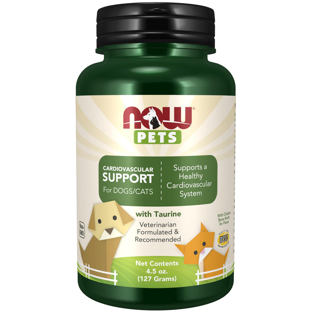 NOW Pets Cardiovascular Support powder bottle for pets, aiding normal circulation.