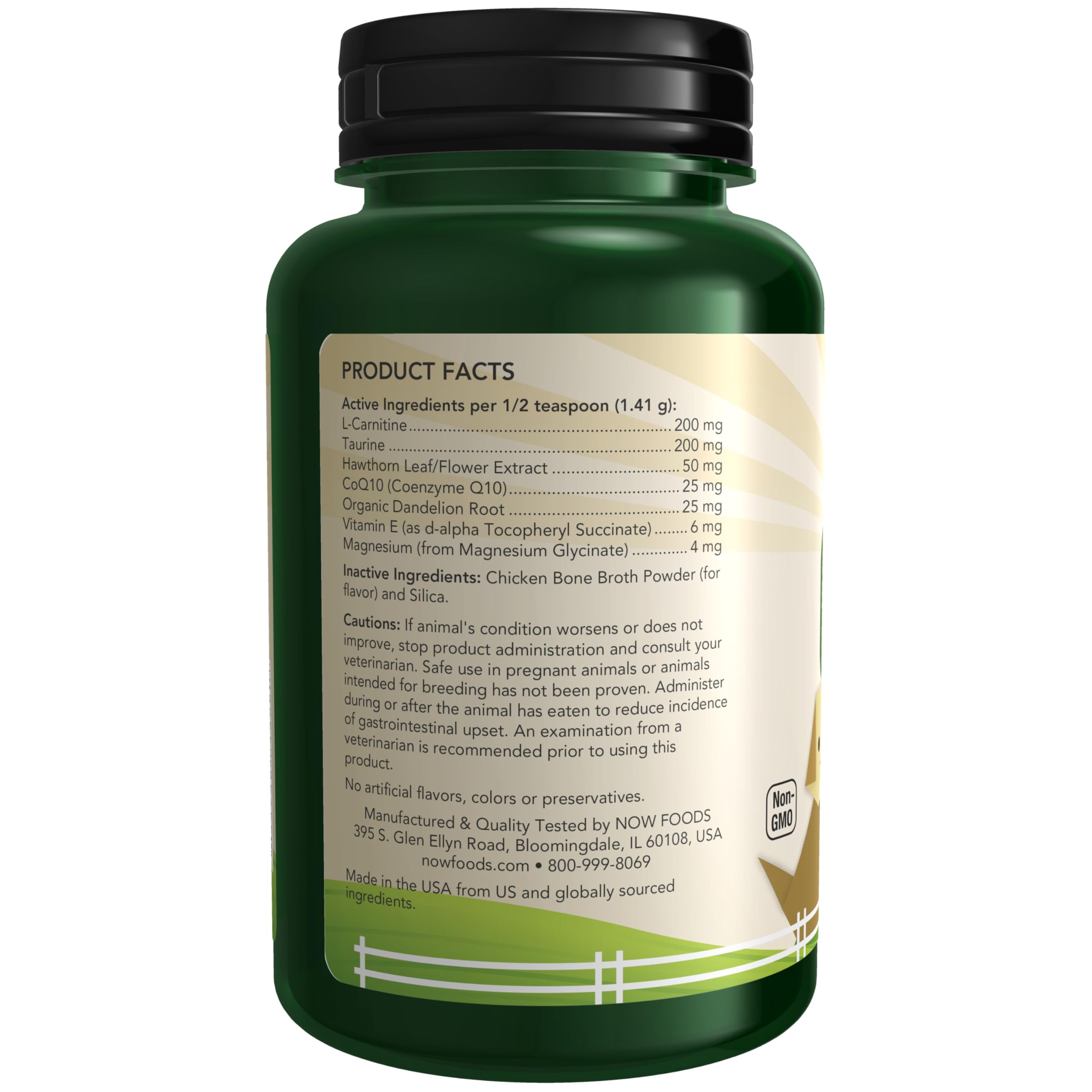 NOW Pets bottle highlights carnitine and taurine among essential ingredients.