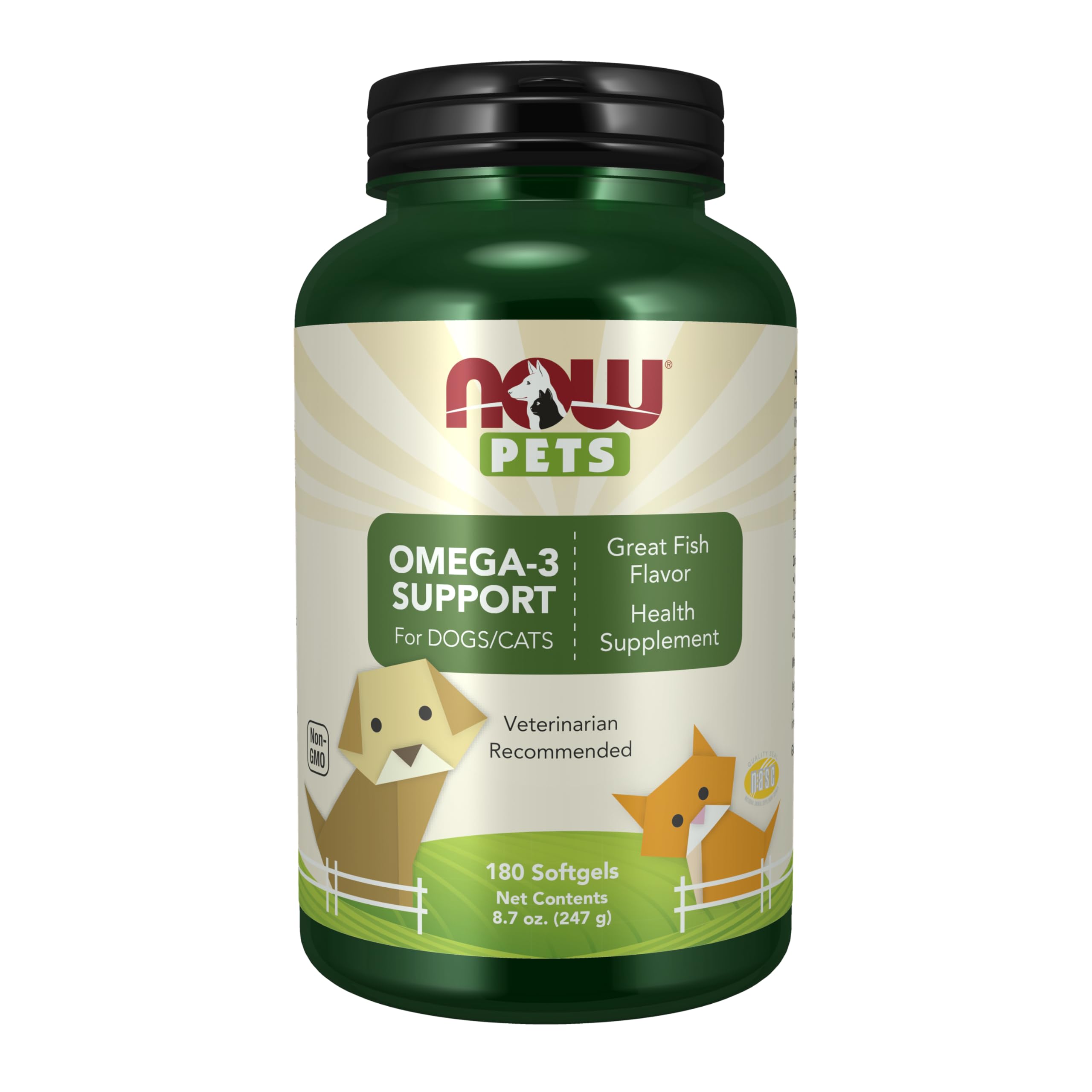 NOW Pets Omega-3 softgel bottle supports joint comfort for pets
