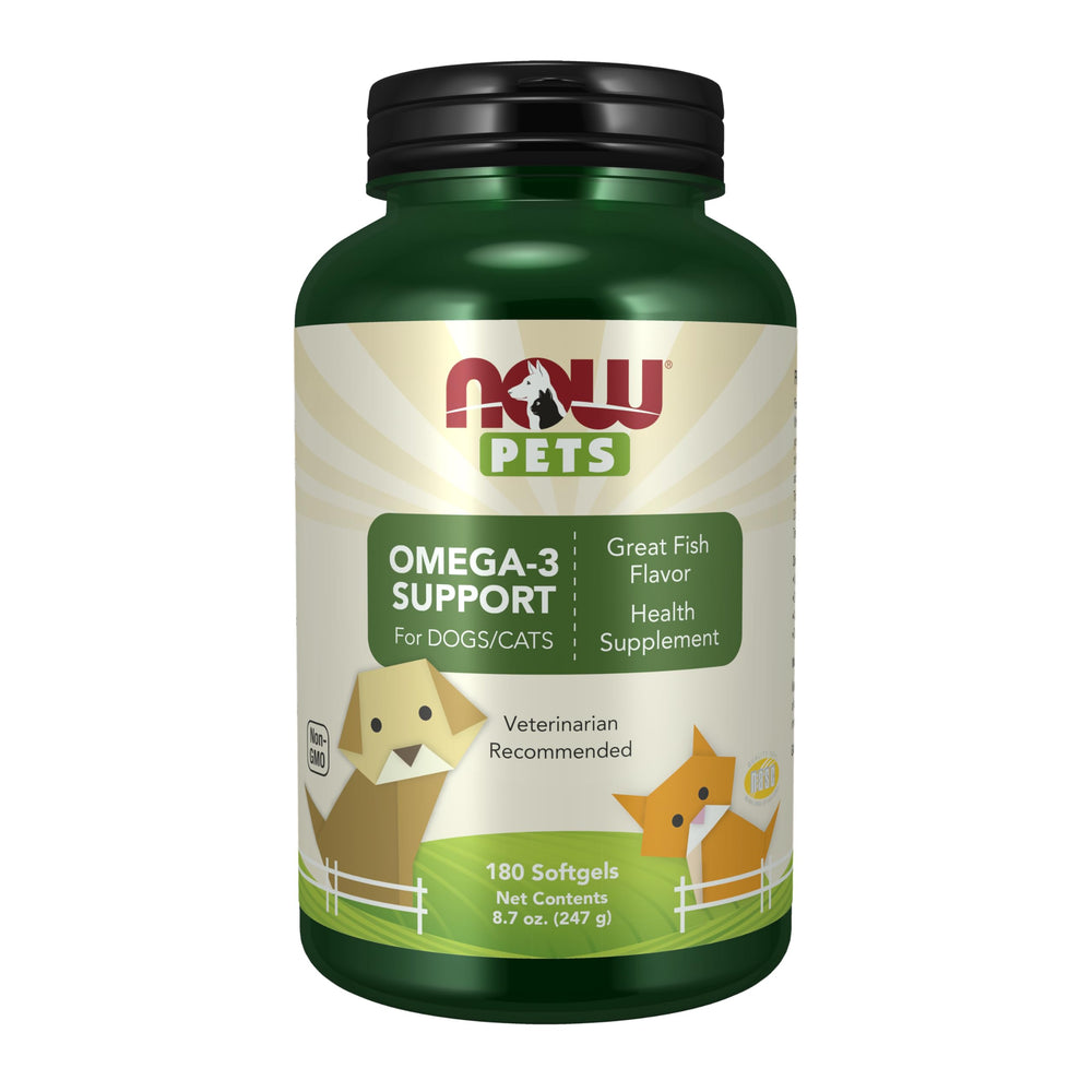 NOW Pets Omega-3 softgel bottle supports joint comfort for pets