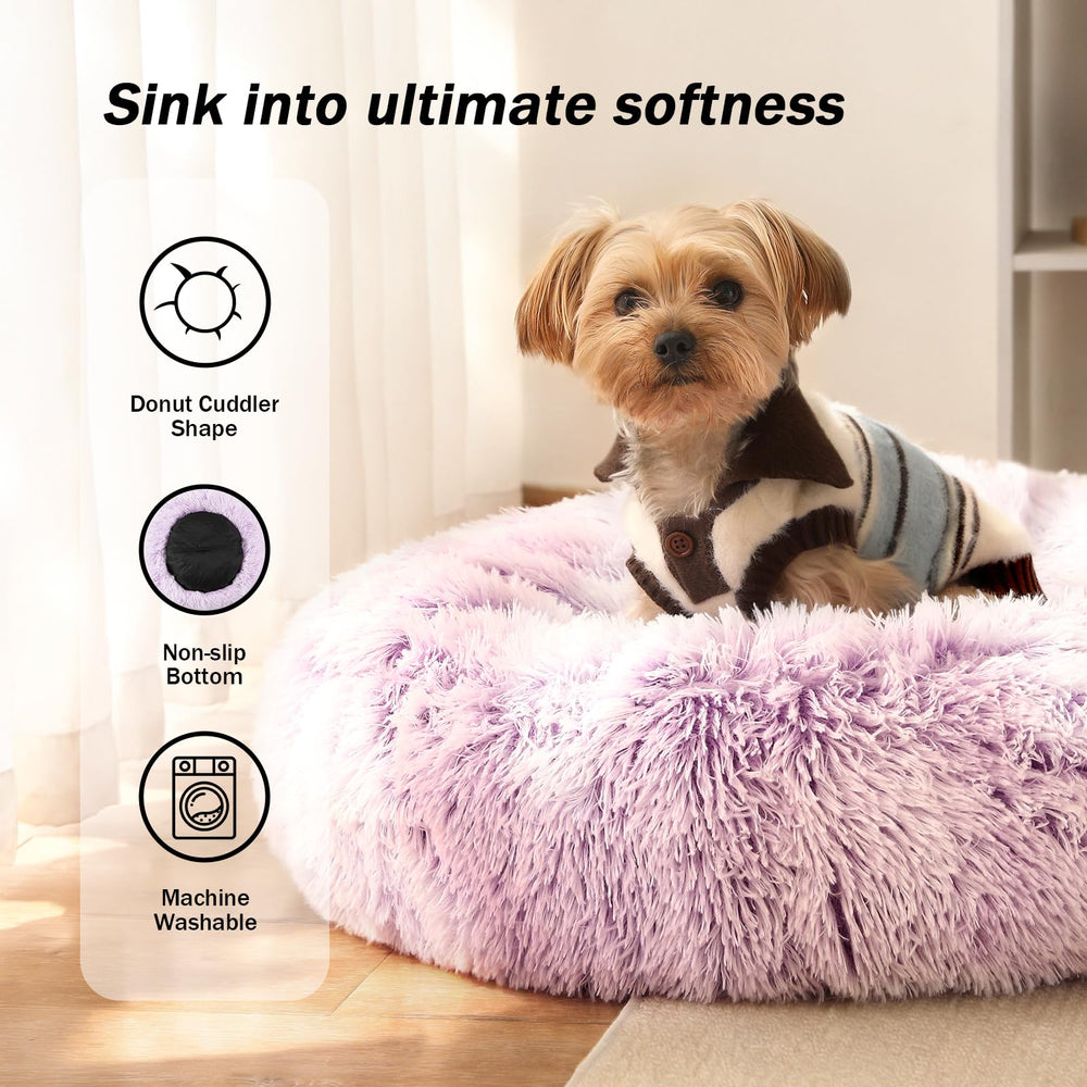 NOYAL Calming Donut Bed closeup shows fur texture for warmth and security