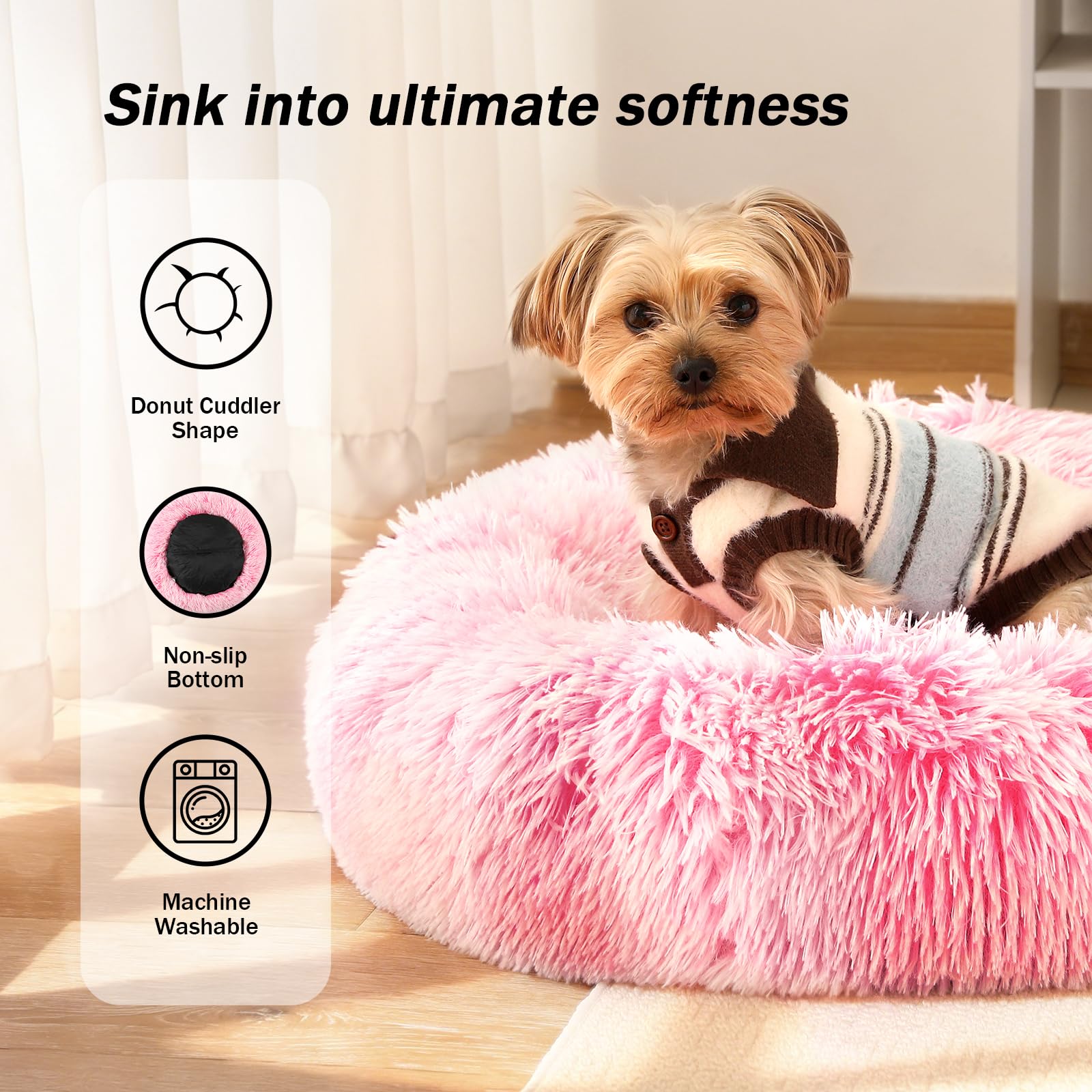 NOYAL Calming Donut Bed close-up shows plush faux fur for soft warmth.