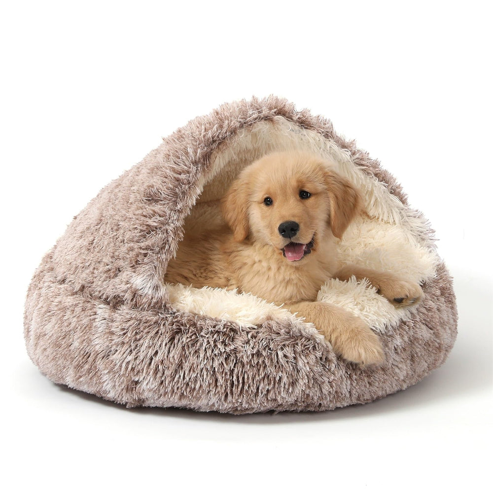 NOYAL Round Hooded Donut Bed front view—cozy den-like comfort for anxious pets.