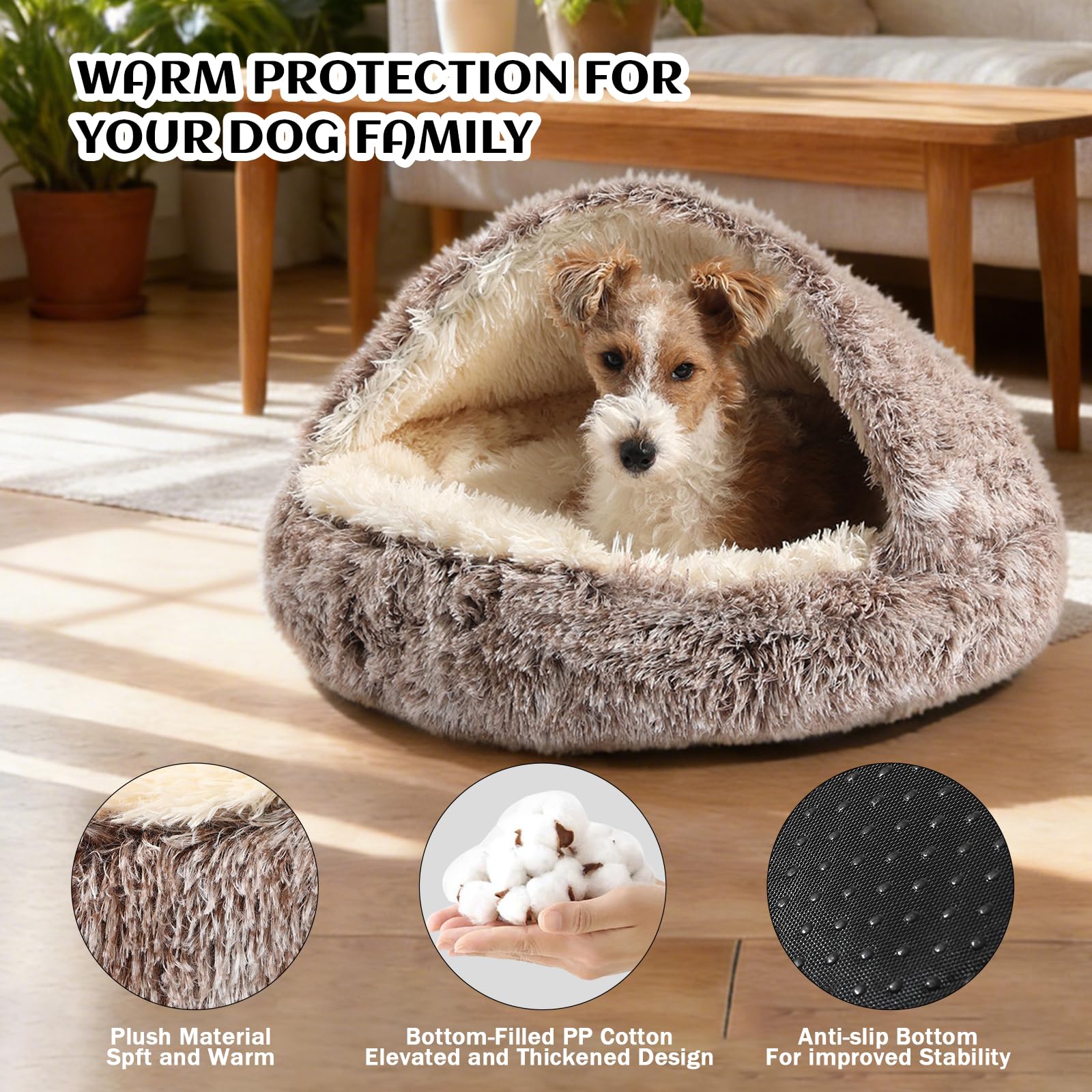 NOYAL Round Hooded Donut Bed side view—secure sleep for small dogs.