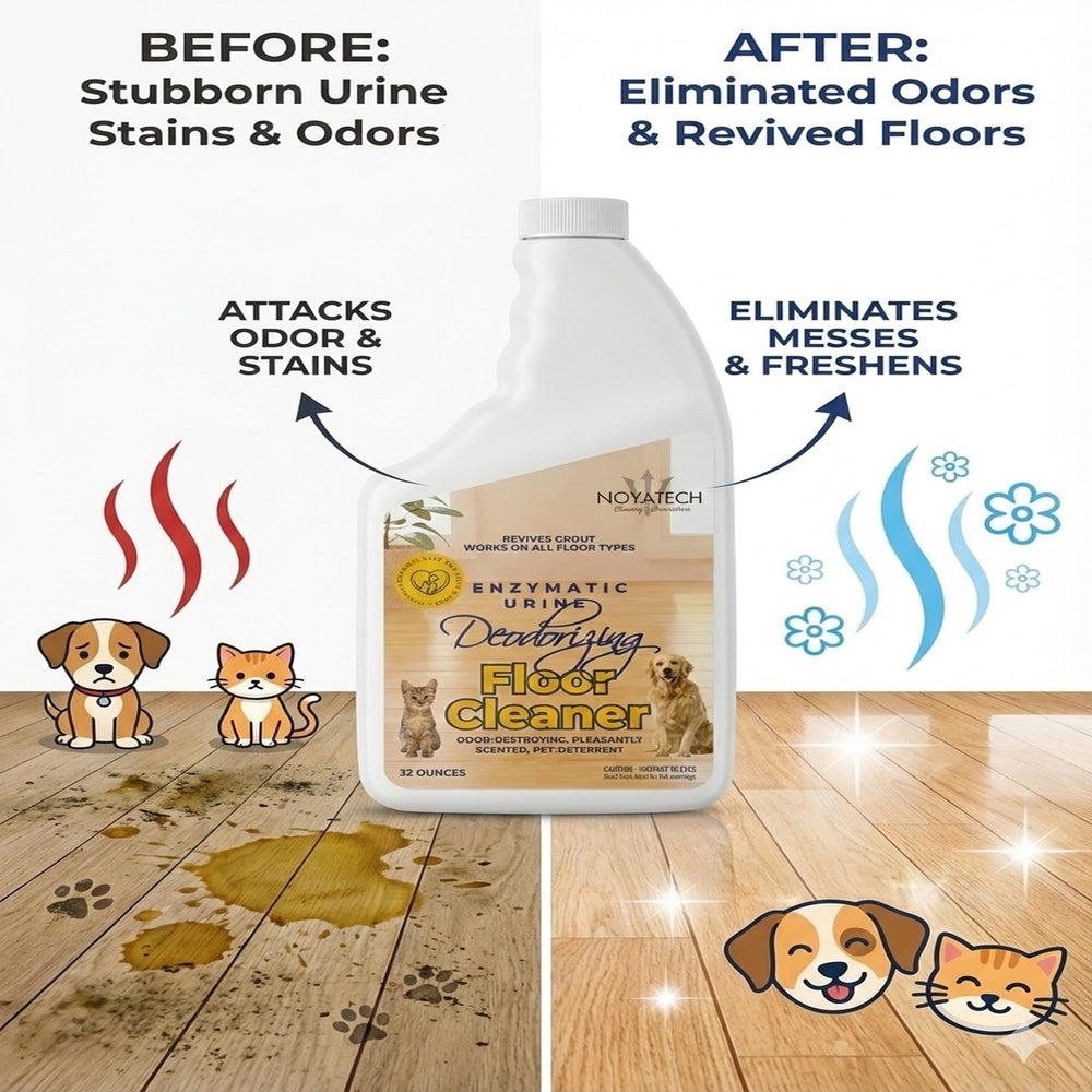 NOYATECH bottle being poured onto a stained floor targeting urine and grime.