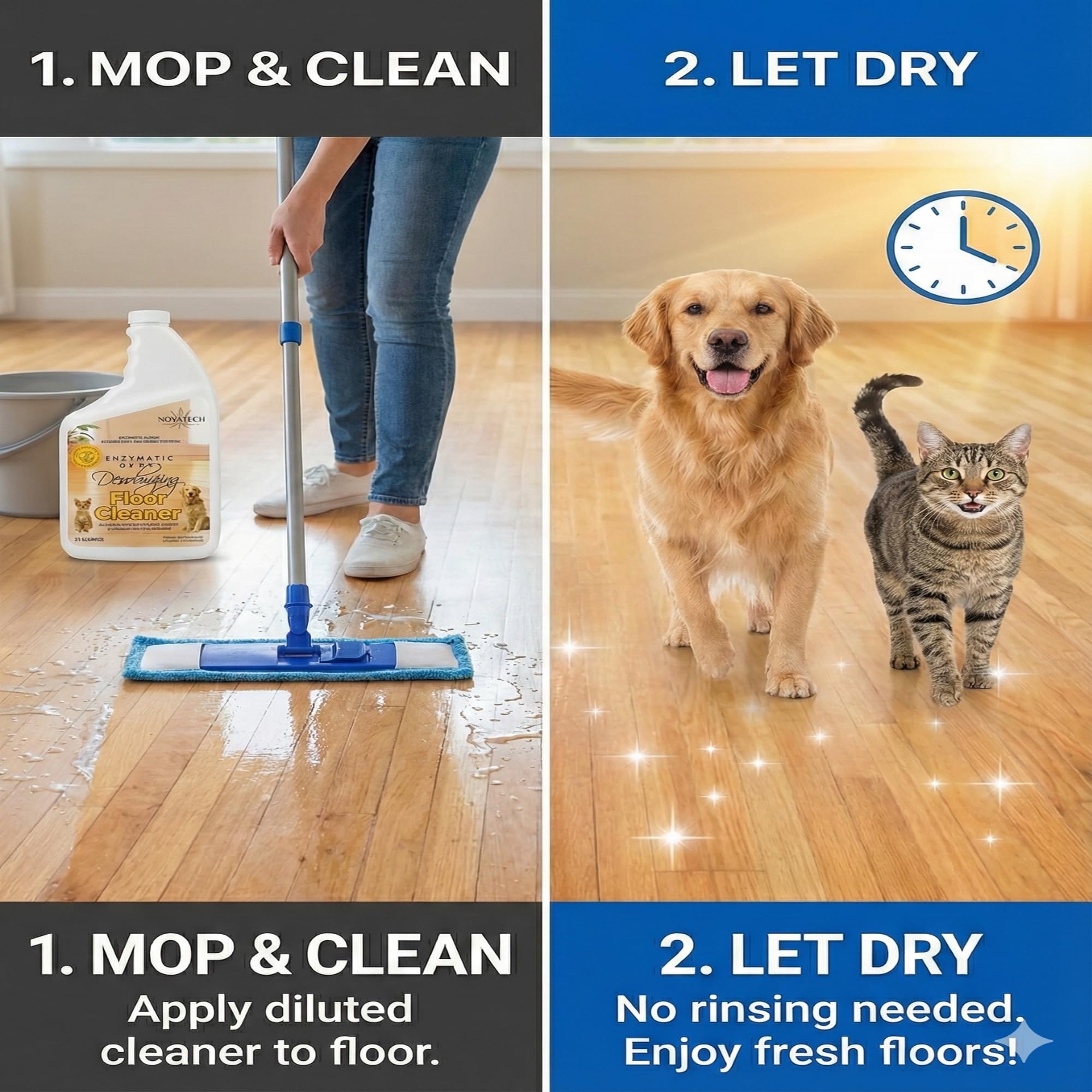 NOYATECH on hardwood and vinyl floors, safe cleaning without toxins.