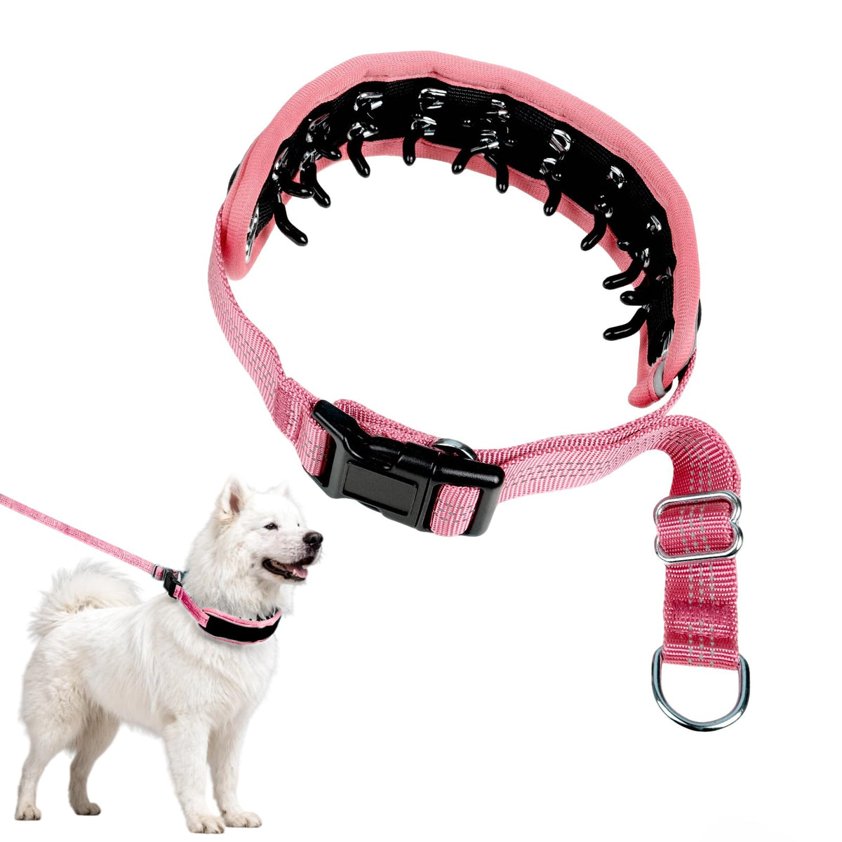 NozlaID lightweight prong collar pink-m shows soft fabric core for comfortable training.