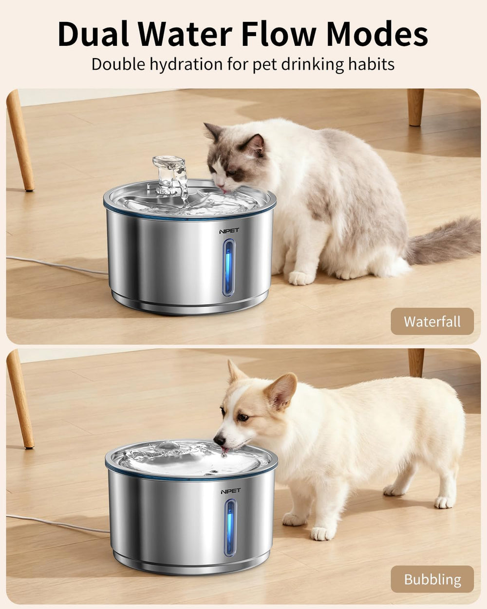 NPET fountain's PP faucet design suits cats' drinking flow.