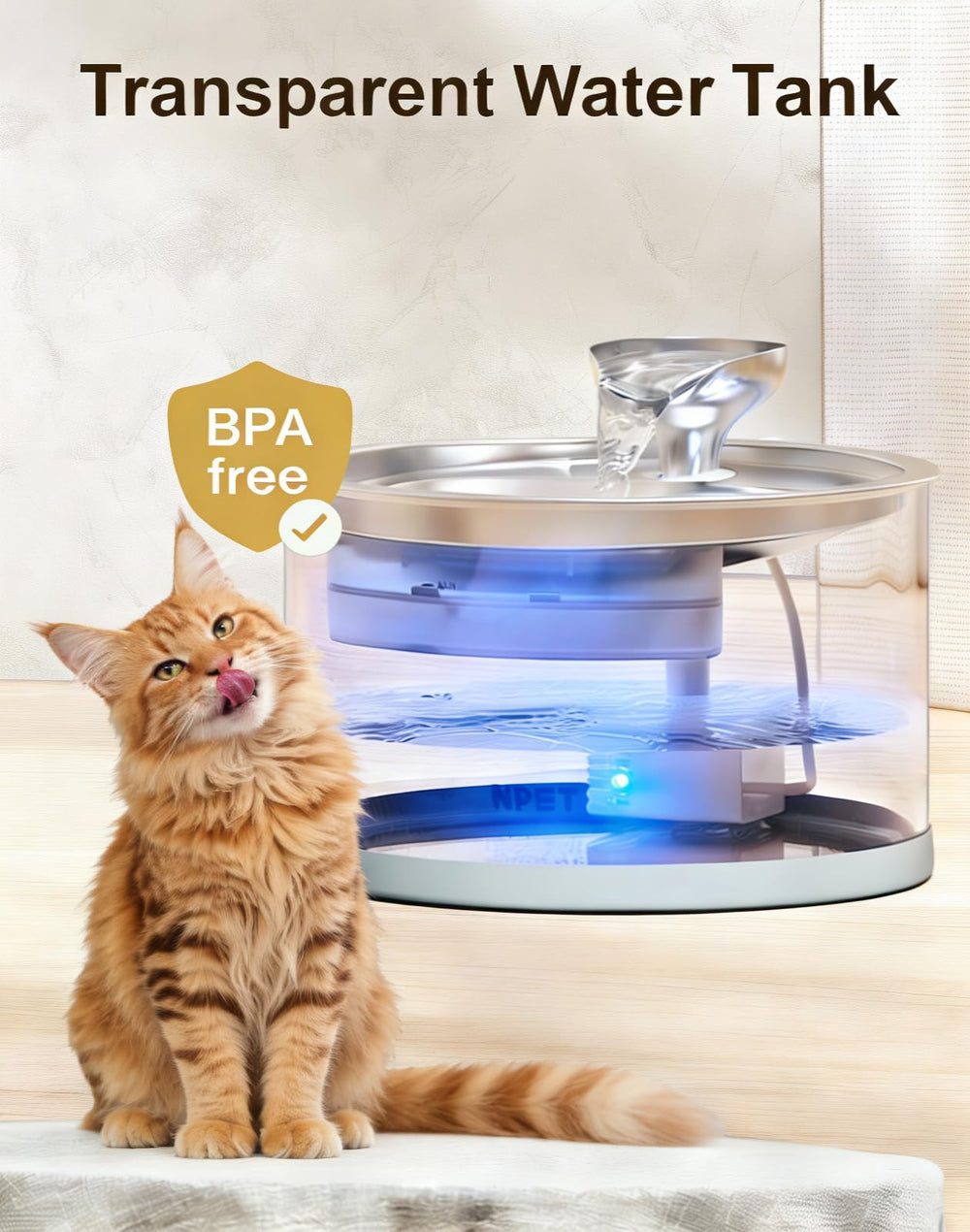 NPET N280 glass fountain side view showing compact footprint