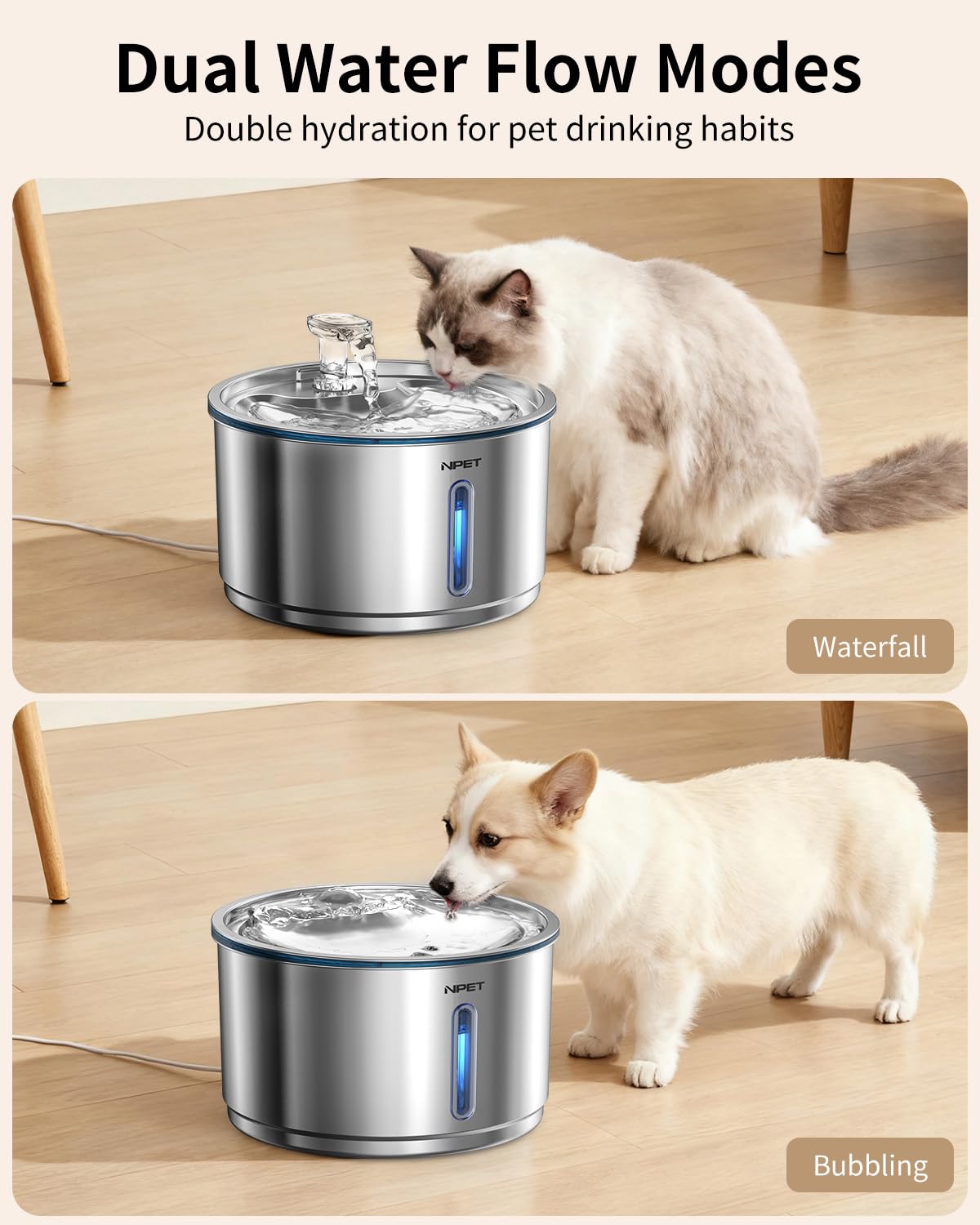 NPET PP faucet design promotes smooth water flow for easy drinking.