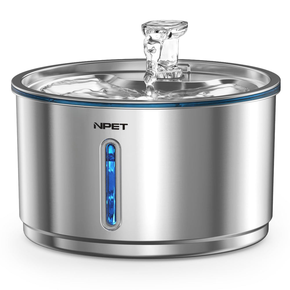 NPET stainless steel cat water fountain shows 1-gallon capacity for long hydration.