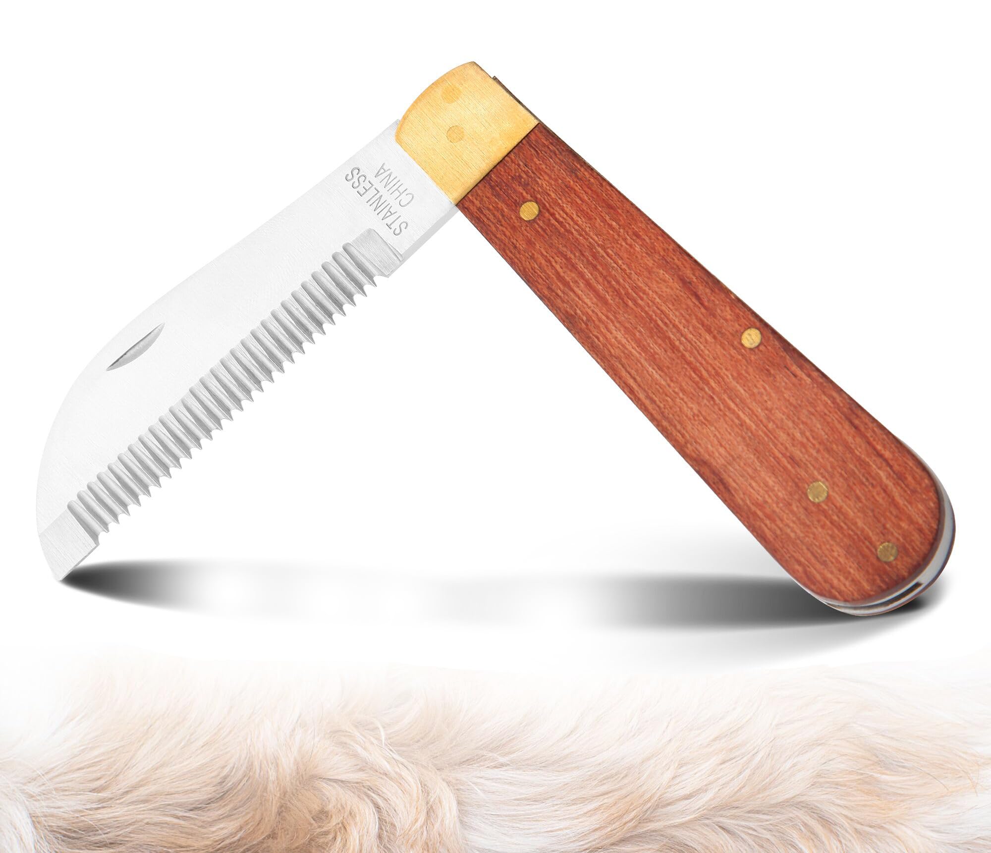 NRTFE hand stripping tool with wooden handle for comfortable horse grooming sessions.