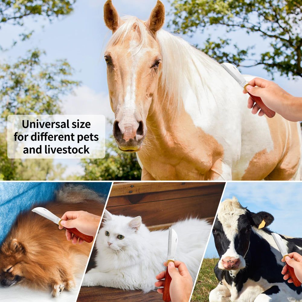 NRTFE versatile tool for horse, dog, goat, and cattle grooming.