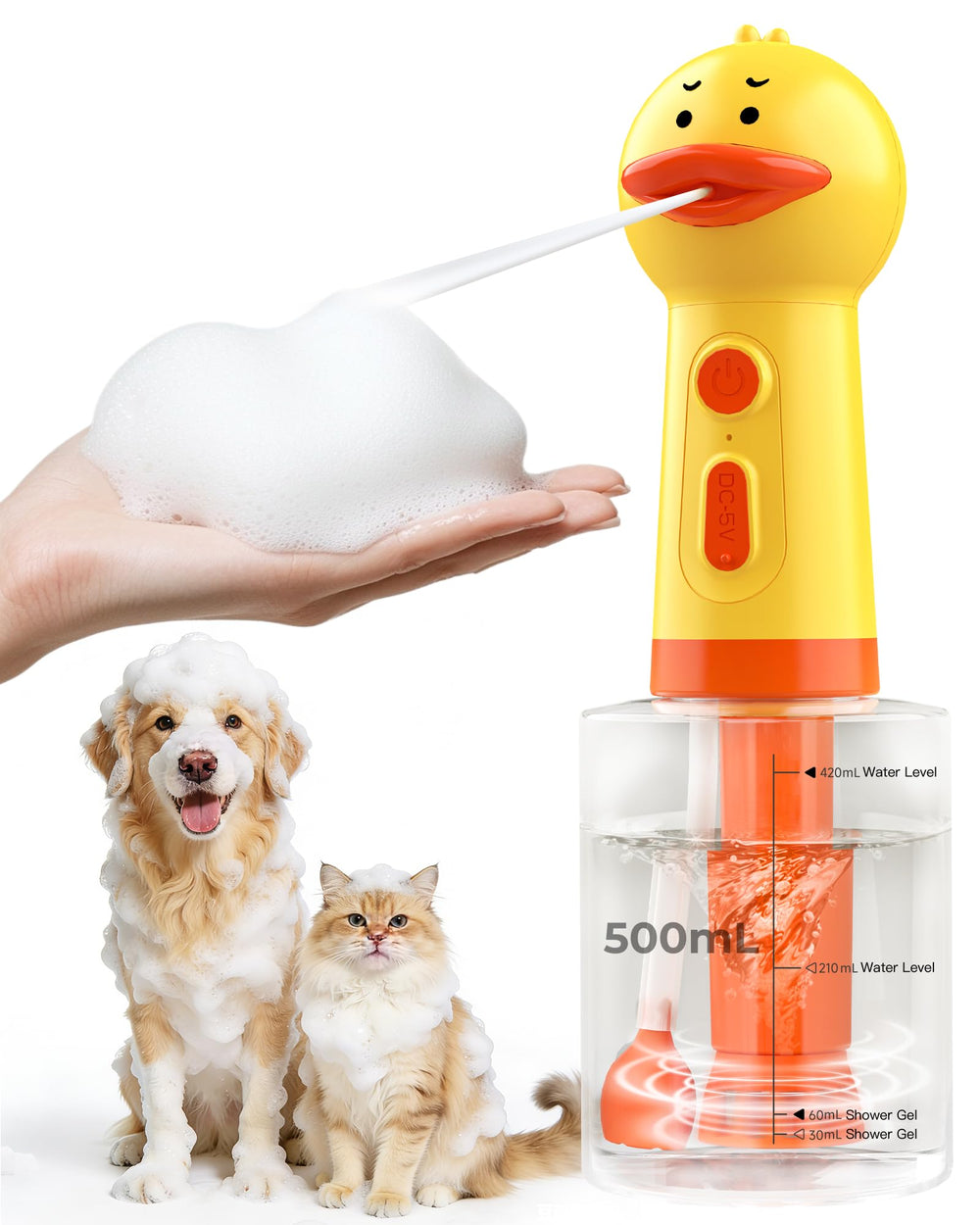 NRYDEPET electric dog shampoo dispenser shows dense foam for deep coat cleaning.