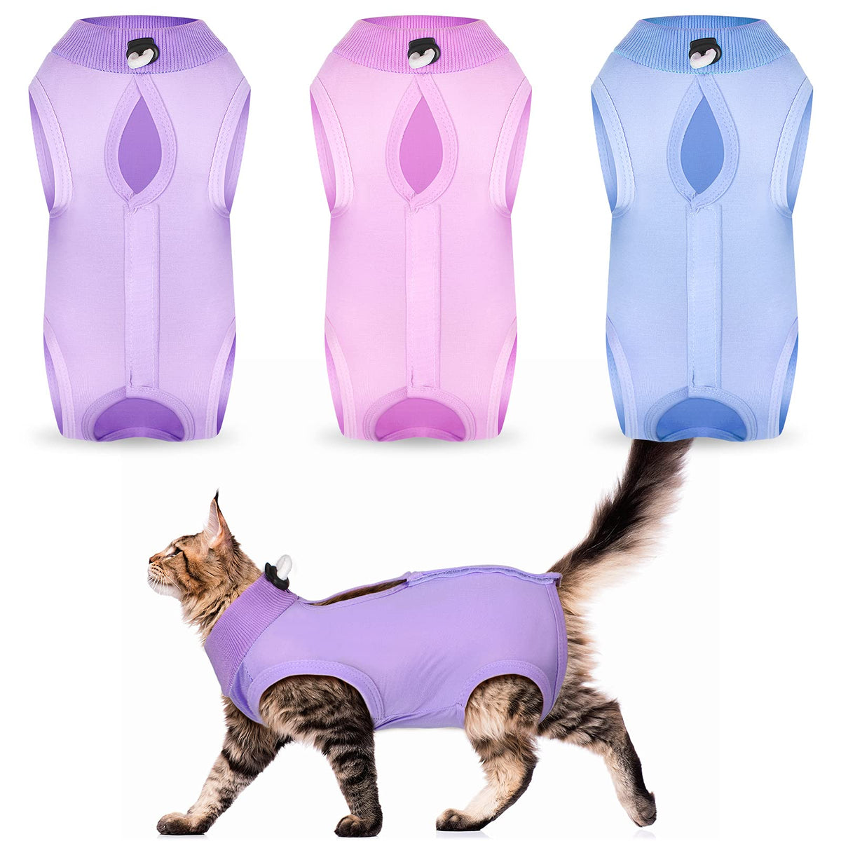 Nuanchu cat recovery suit purple back opening, easy dressing for cats.