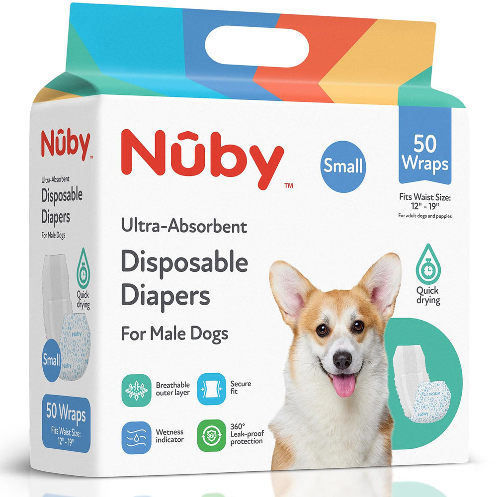 Nuby Pets wrap with wetness indicator shown on box signaling when to change.