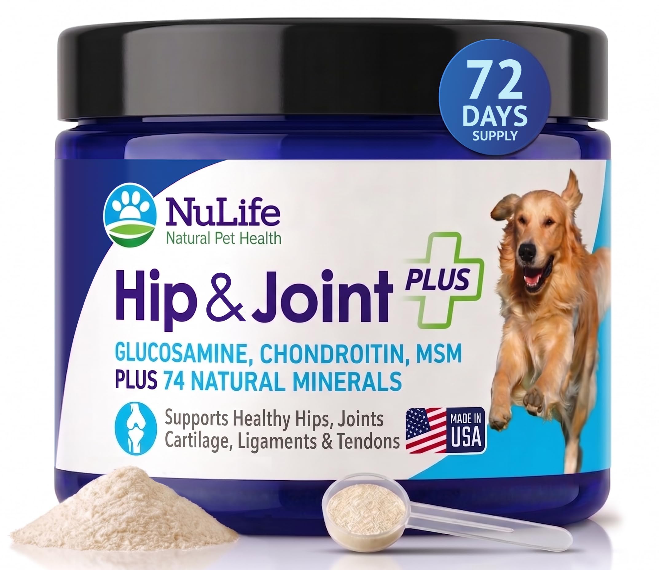 NuLife Advanced Glucosamine powder bottle supports dog joint health.