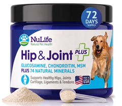 NuLife Advanced Glucosamine powder bottle supports dog joint health.