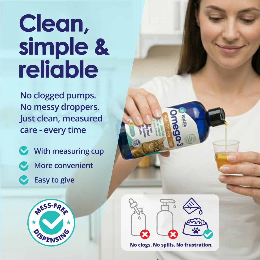 NuLife cat oil dosing easy image illustrating pre-measured servings.