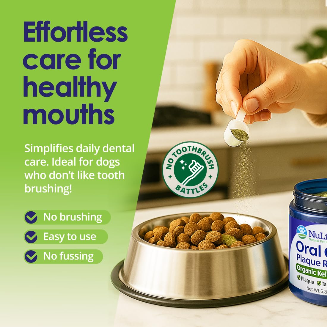 NuLife Dog Dental Care Powder mixed into meals shows daily routine