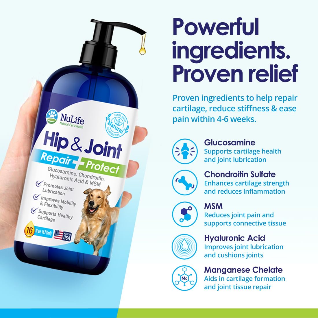 NuLife dog joint supplement bottle label highlighting chondroitin and MSM.
