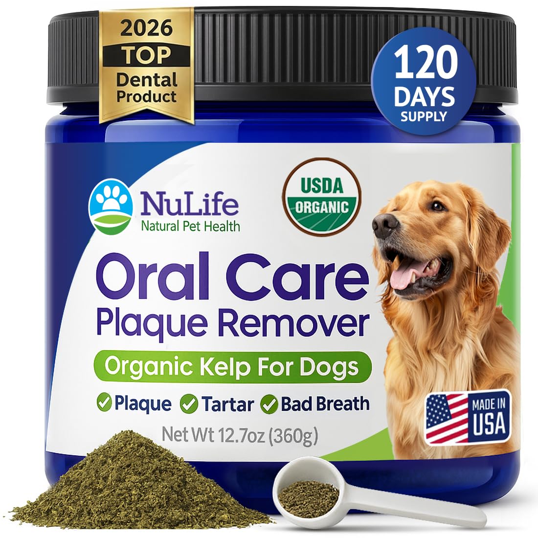 NuLife Dog Teeth Cleaning Powder bottle shows organic kelp formula for fresh breath