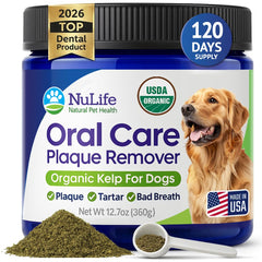 NuLife Dog Teeth Cleaning Powder bottle shows organic kelp formula for fresh breath